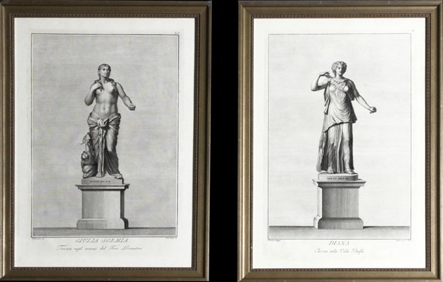 Carlo Carloni, "Diana," and Francesco Pozzi, "Giulia: Carlo Carloni, "Diana," and Francesco Pozzi, "Giulia Soemia," 18th c., pair of black and white copper engravings of classical statuary, designed by Dolcibene, presented in gilt frames, H.- 21 in., W.-