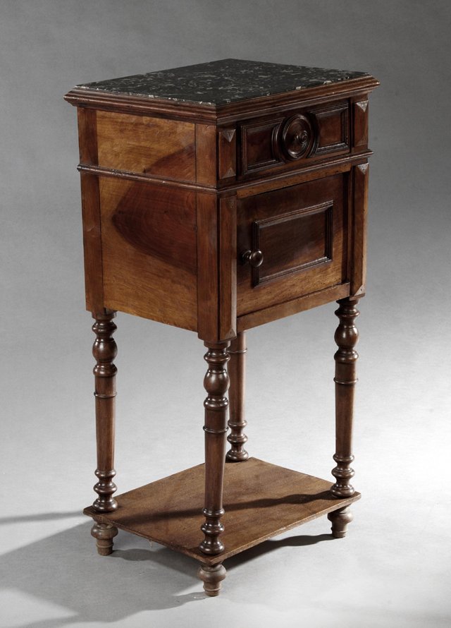 French Henri II Style Carved Walnut Marble Top: French Henri II Style Carved Walnut Marble Top Nightstand, 19th c., the inset highly figured grey marble over a frieze drawer above a cupboard door, on ring turned tapered legs with turned feet joined