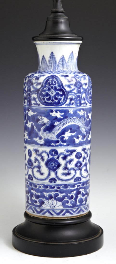 Oriental Blue and White Cylinder Vase, late 19th c., (1 of 6)