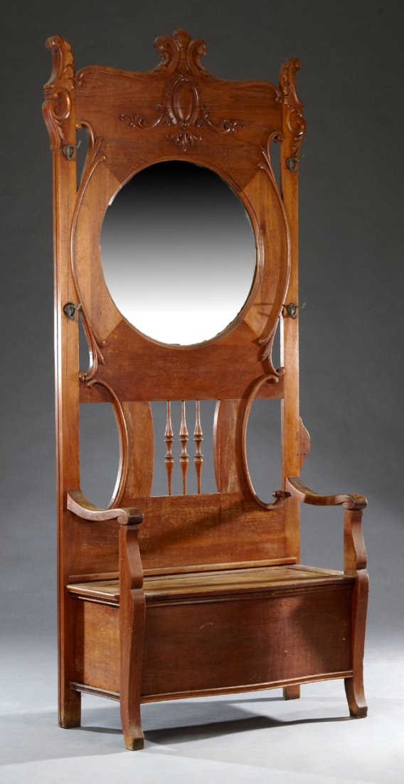 American Art Nouveau Carved Walnut Hall Seat, late 19th (1 of 1)