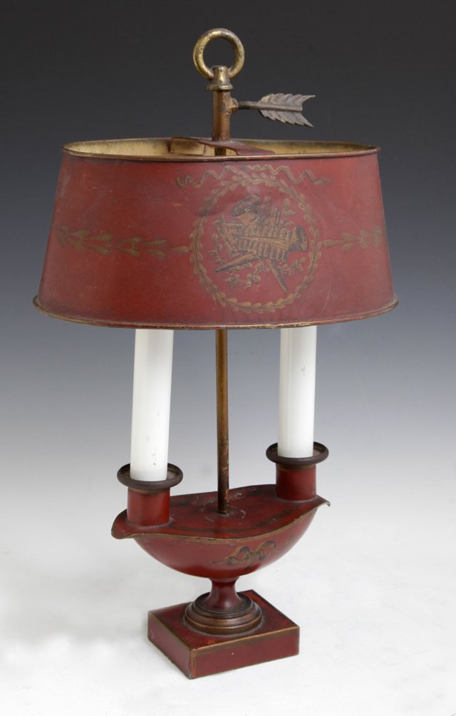 Arts and Crafts Hand-Painted Tole Two-Light Lamp, circa (1 of 1)