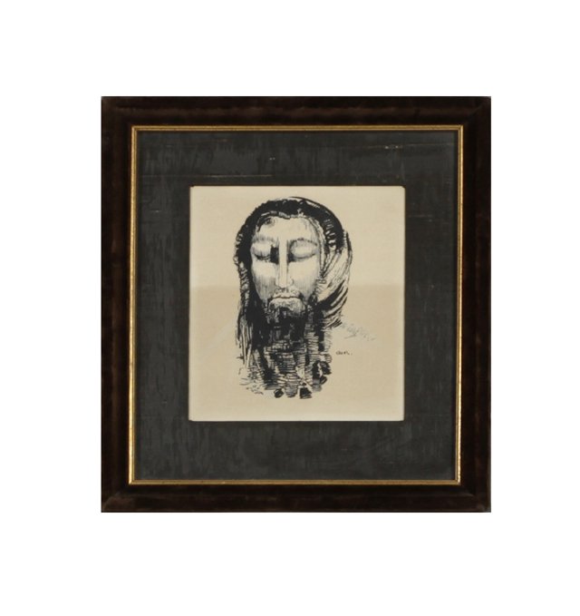 Odilon Redon (1840-1916), "Christ with Eyes Closed,": Odilon Redon (1840-1916), "Christ with Eyes Closed," early 20th c., print, framed, H.- 7 5/8 in., W.- 6 3/4 in.