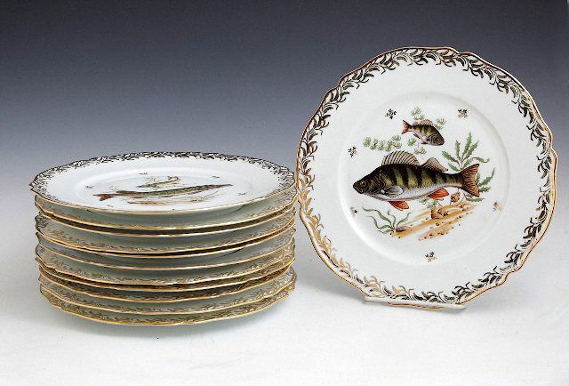 Set of Twelve French Limoges Porcelain Fish Plates, (1 of 1)