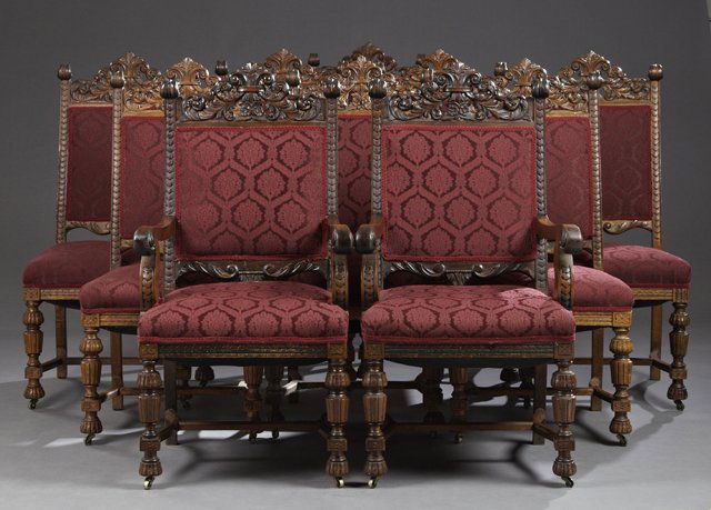 Set of Ten (8 +2) Renaissance Revival Carved Oak Dining (1 of 10)