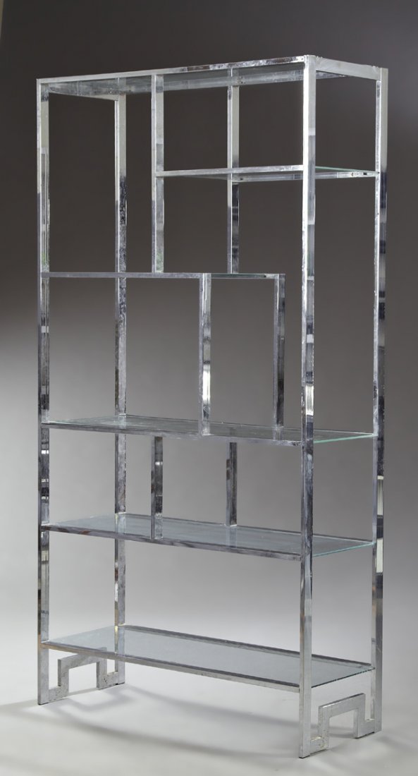 Mid Century Modern Chromed Steel Etagere, mid 20th c.,: Mid Century Modern Chromed Steel Etagere, mid 20th c., probably Milo Baughman, with fitted glass shelves, H.- 79 in., W.- 42 in., D.- 16 in.