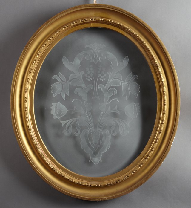 French Oval Beveled Etched Glass Panel, 20th c., in a (1 of 1)