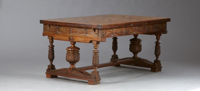 French Jacobean Style Parquetry Inlaid Walnut Draw Leaf (1 of 2)