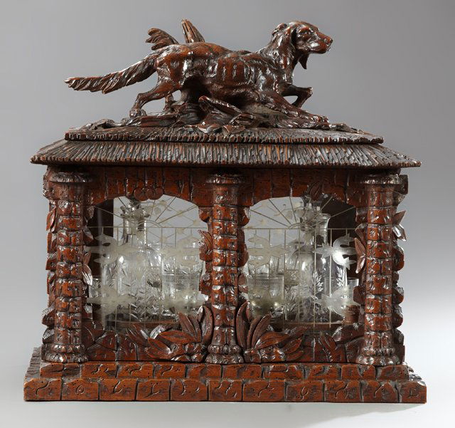 Unusual Carved Walnut Black Forest Liqueur Set, 19th (1 of 2)