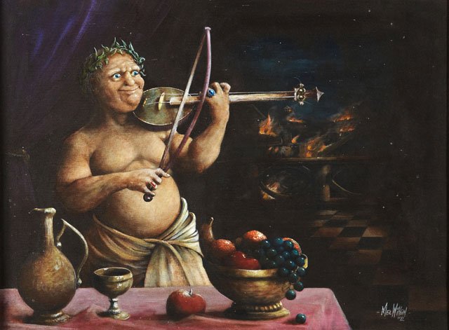 Mel Wiken (New Orleans), "Nero Fiddling While Rome: Mel Wiken (New Orleans), "Nero Fiddling While Rome Burns," 1972, oil on canvas, signed and dated l.r., framed, H.- 18 in., W.- 24 in.