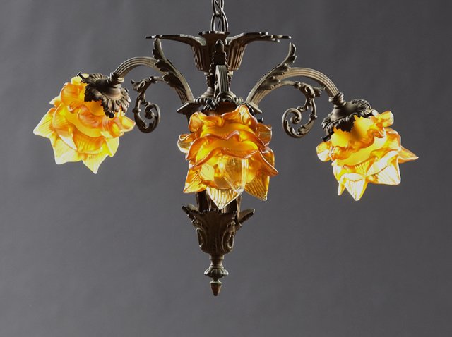 Bronze Art Nouveau Three Light Chandelier, early 20th (1 of 1)