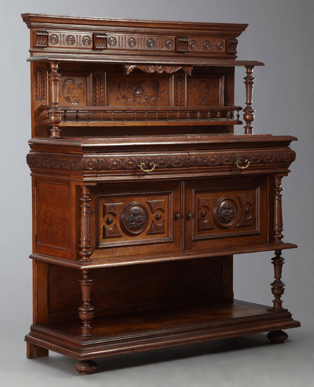 French Henri II Style Carved Oak Marble Top Sideboard, (1 of 1)