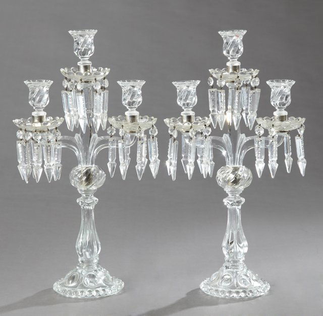 Pair of Pressed Glass Three Light Candelabra, hung with (1 of 1)