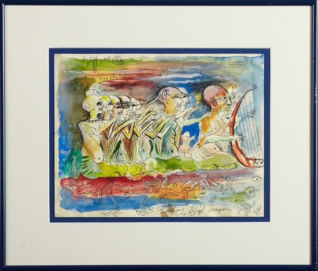 Noel Rockmore (1928-1995), "Blind Singers, " 1989,: Noel Rockmore (1928-1995), "Blind Singers, " 1989, mixed media, pen signed and dated lower center, pen titled center right, framed, H.- 8 1/2 in., W.- 11 in.