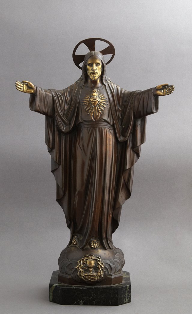 Large Patinated Spelter Figure of Jesus and the Sacred (1 of 1)