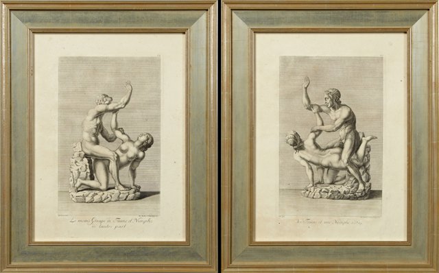 Johann Balthasar Probst (1673-1750), "Un Faune et une: Johann Balthasar Probst (1673-1750), "Un Faune et une Nymphe," and "La Meme Groupe de Faune et Nymphe de l'autre part," 18th c., pair of copper engravings of classical statuary, H.- 19 1/2 in., W.- 14