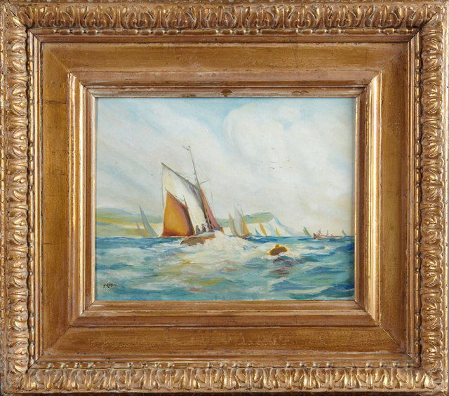 A. Ramus (Francis E. Jamieson, 1895-1950), "Ships in: A. Ramus (Francis E. Jamieson, 1895-1950), "Ships in Rough Seas," 20th c., oil on board, signed l.l., verso with an exhibition label for the Royal Scottish Academy, Edinburg, March 3, 1944, presented