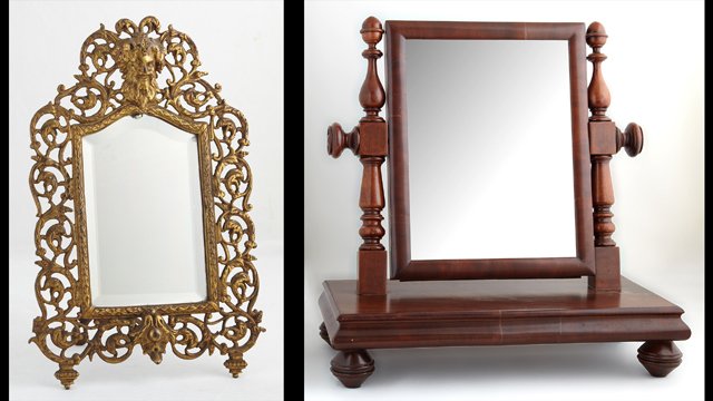 Two Antique Mirrors, 19th c., one an English mahogany: Two Antique Mirrors, 19th c., one an English mahogany shaving mirror; the second a brass plated iron table top easel mirror, by Bradley & Hubbard, English- H.- 18 1/2 in., W.- 17 7/8 in., D.- 9 3/8 in
