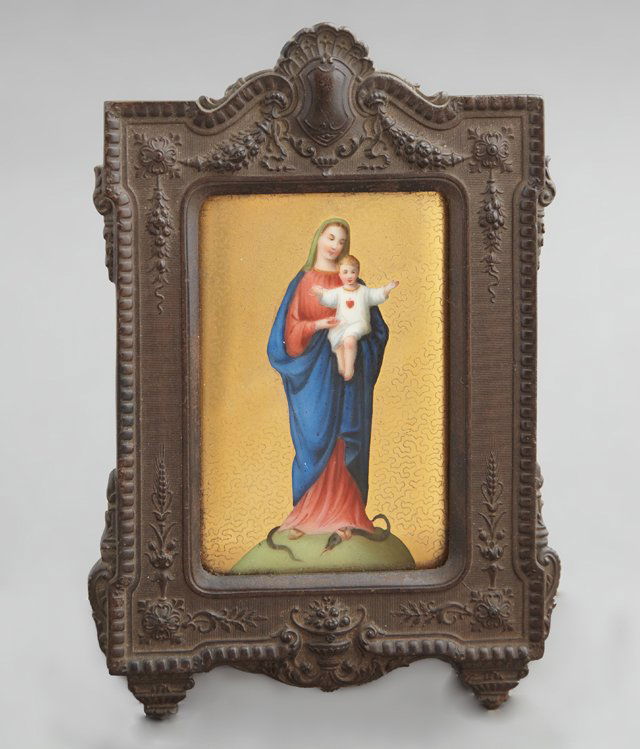 Russian School, in the style of Jan Nagel, "The Madonna: Russian School, in the style of Jan Nagel, "The Madonna and Child Trampling the Snake on an Orb," 19th c., oil on porcelain plaque, presented in a relief decorated gutta percha frame, H.- 3 5/16 in.,