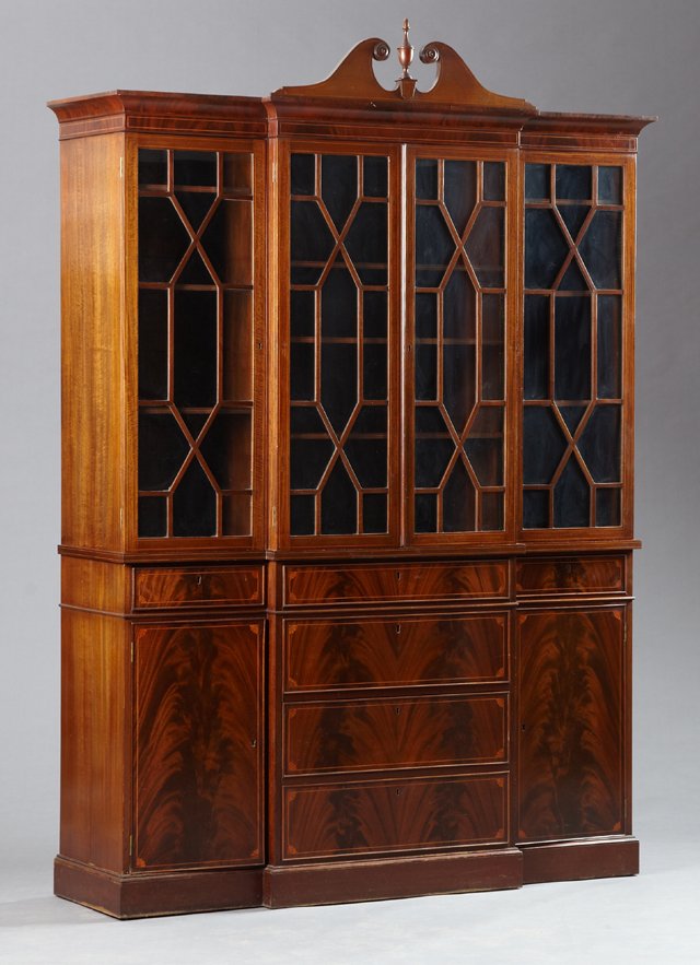 Hepplewhite Style Inlaid Mahogany Breakfront Bookcase, (1 of 1)