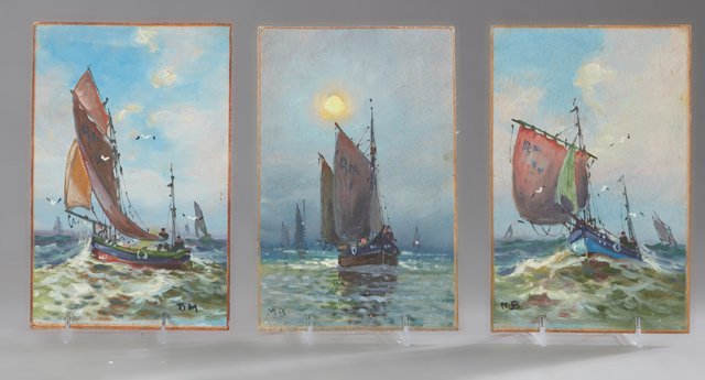 French School, "Boats on the Sea," 20th c., three oils (1 of 1)