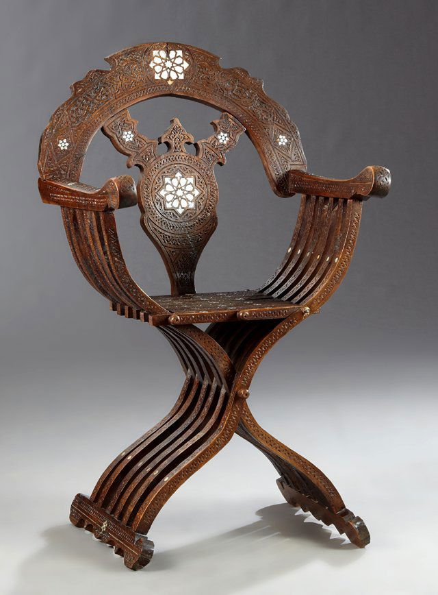 Moroccan Mother of Pearl Inlaid Carved Teak Savonarola (1 of 1)