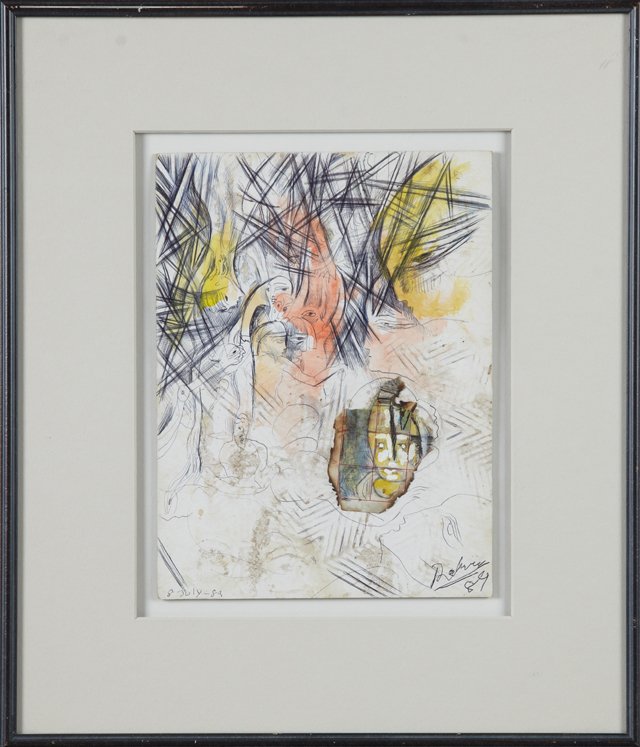 Noel Rockmore (1928-1995), "Faces," 1989, mixed media,: Noel Rockmore (1928-1995), "Faces," 1989, mixed media, signed and dated l.r., framed, H.- 11 1/2 in., W.- 8 1/2 in.