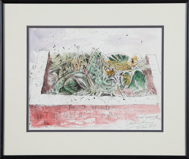 Noel Rockmore (1928-1995), "Plant Graveyard," 1989,: Noel Rockmore (1928-1995), "Plant Graveyard," 1989, mixed media, signed, titled and dated l.r., framed, H.- 10 1/2 in., W.- 13 3/4 in.