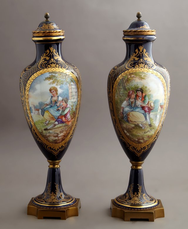 Pair of Sevres Style Brass Mounted Cobalt Porcelain (1 of 2)