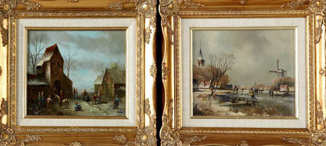 W. Rister, "Skating on the Ice in Holland," and Kovacs,: W. Rister, "Skating on the Ice in Holland," and Kovacs, "Continental Barnyard Scene," 20th c., two oils on panel, each signed l.r., presented in gilt frames, H.- 7 3/4 in., W.- 9 5/8 in.