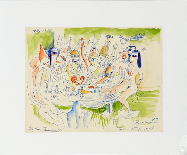Noel Rockmore (1928-1995), "Egyptian Banquet," 1989,: Noel Rockmore (1928-1995), "Egyptian Banquet," 1989, mixed media, titled l.l., signed and dated l.r., shrink wrapped, H.- 8 5/8 in., W.- 11 in.