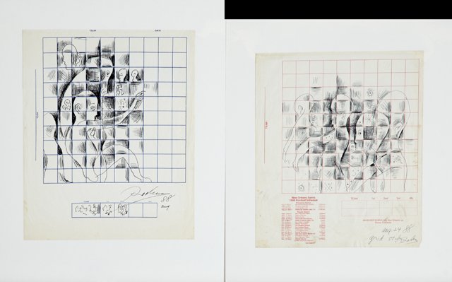 Noel Rockmore (1928-1995), "Grid Study," 1988, two pen: Noel Rockmore (1928-1995), "Grid Study," 1988, two pen and inks on football pool sheets, shrink wrapped, H.- 12 3/4 in., W.- 11 in. (2 Pcs.)