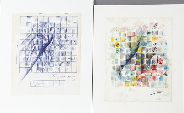 Noel Rockmore (1928-1995), "Grid Drawing," and "Grid: Noel Rockmore (1928-1995), "Grid Drawing," and "Grid Painting," 1988, the latter "dedicated to Julie," both on football pool sheets, signed and dated l.r., shrink wrapped, H.- 14 in., W.- 11 1/2 in. (