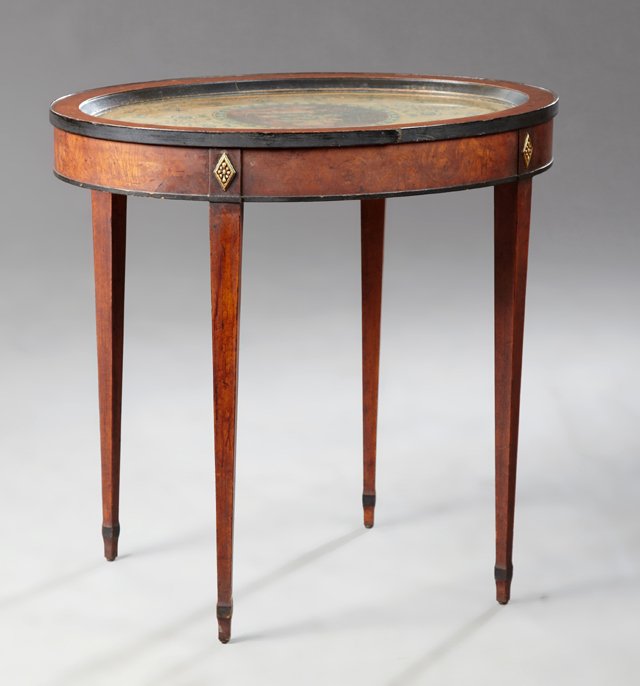 English Late Georgian Style Ebonized Walnut Side Table,: English Late Georgian Style Ebonized Walnut Side Table, 19th c., in the Adams taste, the oval top inset with an enhanced print after the original engraving by Francesco Bartolozzi, over a wide skirt o
