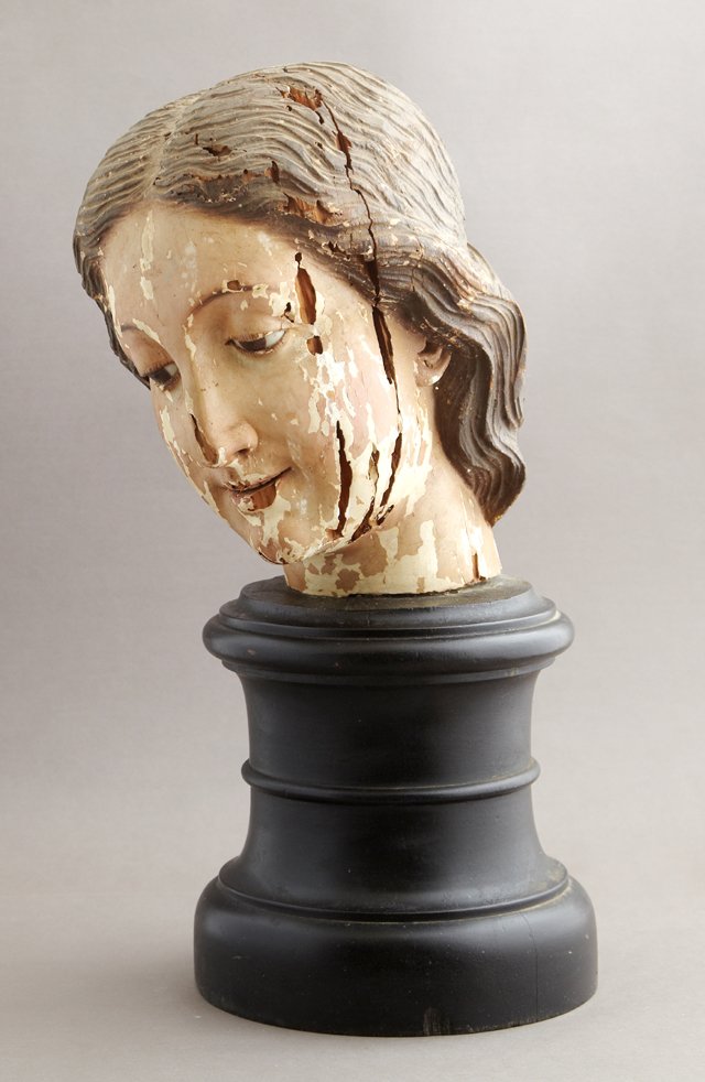 Large Carved and Polychromed Santo Head, 19th c., with (1 of 2)