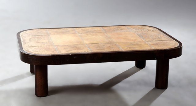 Roger Capron (1922-2006, France), probably Vallauris,: Roger Capron (1922-2006, France), probably Vallauris, mid-century, carved beech coffee table, c. 1970, with glazed stoneware inset tiles each depicting flowers, chickens, roosters, pheasants or ducks