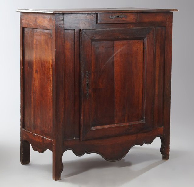 French Provincial Louis XVI Style Carved Walnut: French Provincial Louis XVI Style Carved Walnut Confiturier, mid 19th c., the rectangular top over a short frieze drawer above a cupboard door with long escutcheons and short iron fiche hinges flanked