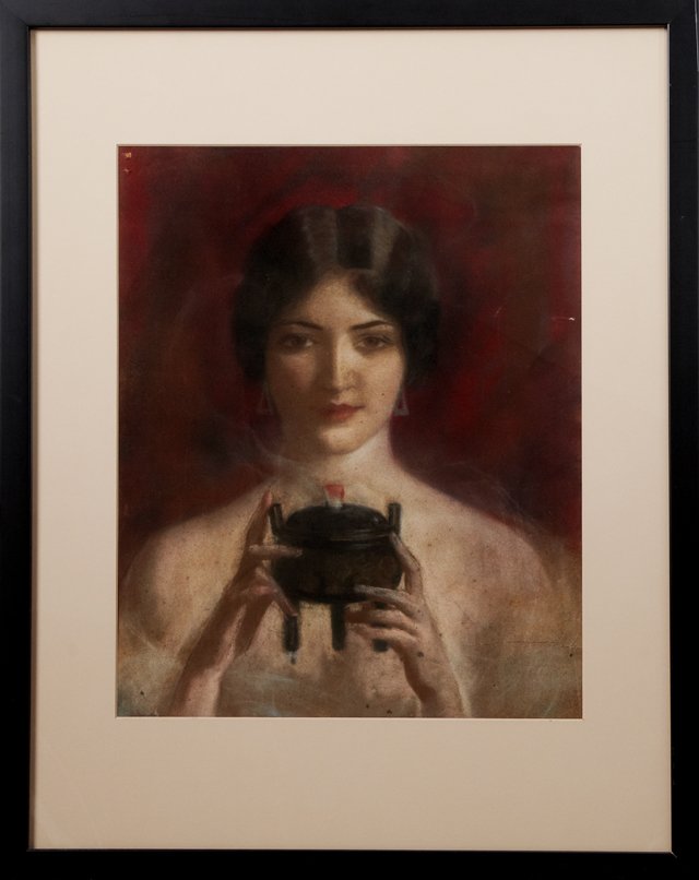French School, "Woman with Incense Burner," early 20th: French School, "Woman with Incense Burner," early 20th c., pastel, framed, H.- 19 1/4 in., W.- 15 1/4 in.