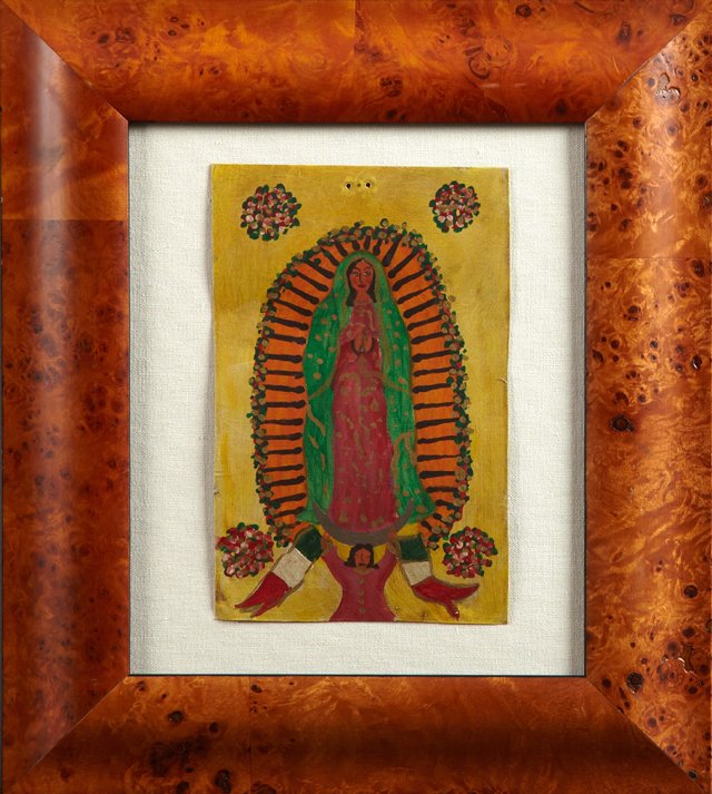 Mexican Retablo of Our Lady of Guadalupe, 20th c., oil: Mexican Retablo of Our Lady of Guadalupe, 20th c., oil on tin, presented in a burled maple shadowbox frame, H.- 7 7/8 in., W.- 4 7/8 in.