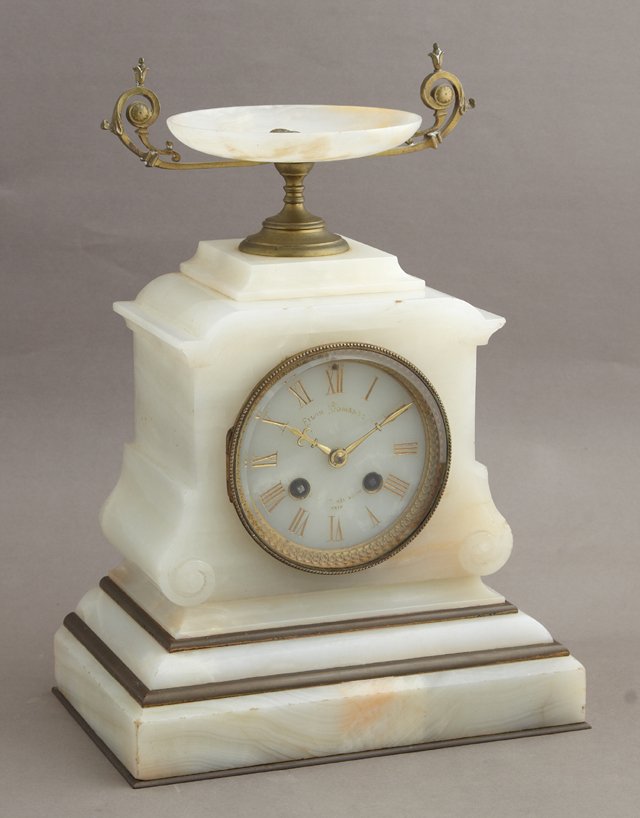 French Bronze Mounted Alabaster Mantel Clock, 19th c., (1 of 2)