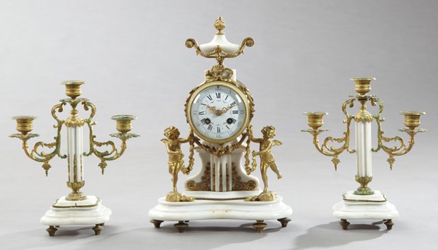French Three Piece White Marble and Gilt Brass Figural (1 of 1)