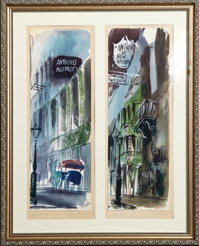Tom Lane, "Antoine's," and "Rue Royale," pair of: Tom Lane, "Antoine's," and "Rue Royale," pair of watercolors, each signed l.r., pencil titled and placed lower mat, presented in a single silvered frame, Each- H.- 17 7/8 in., W.- 5 7/8 in.