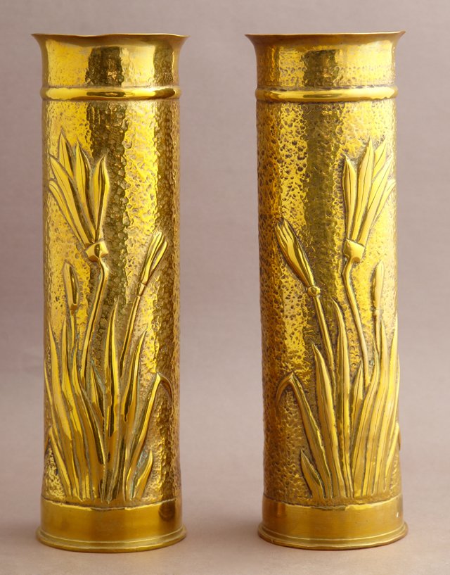 Pair of Brass Trench Art Vases, c. 1918, with pokerwork (1 of 1)