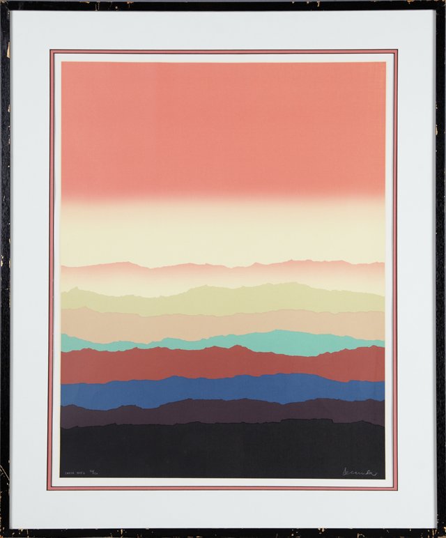 Arthur Secunda (1927- ), "Santa Ynez," 20th c., print,: Arthur Secunda (1927- ), "Santa Ynez," 20th c., print, 82/150, pencil titled and numbered l.l., pencil signed l.r., framed, H.- 30 1/4 in., W.- 24 in.