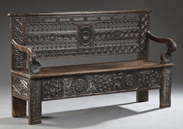 French Renaissance Style Carved Oak Bench, 19th c., (1 of 2)