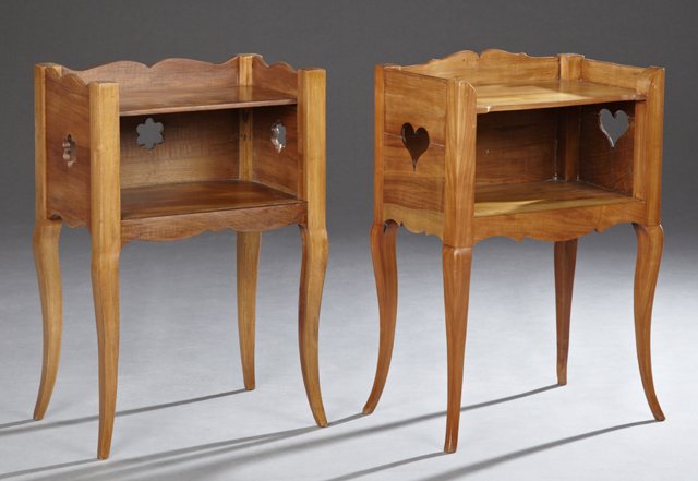 Pair of French Provincial Louis XV Style Carved Cherry: Pair of French Provincial Louis XV Style Carved Cherry Nightstands, 20th c., the three-quarter galleried top over an open shelf flanked by pierced sides on cabriole legs joined by a serpentine skirt, 