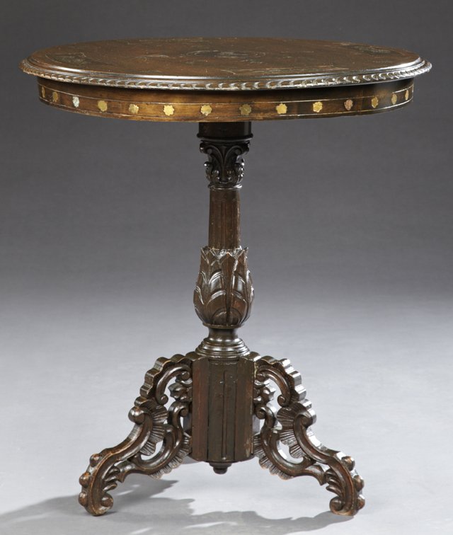 English Brass Inlaid Carved Walnut Circular Lamp Table, (1 of 2)