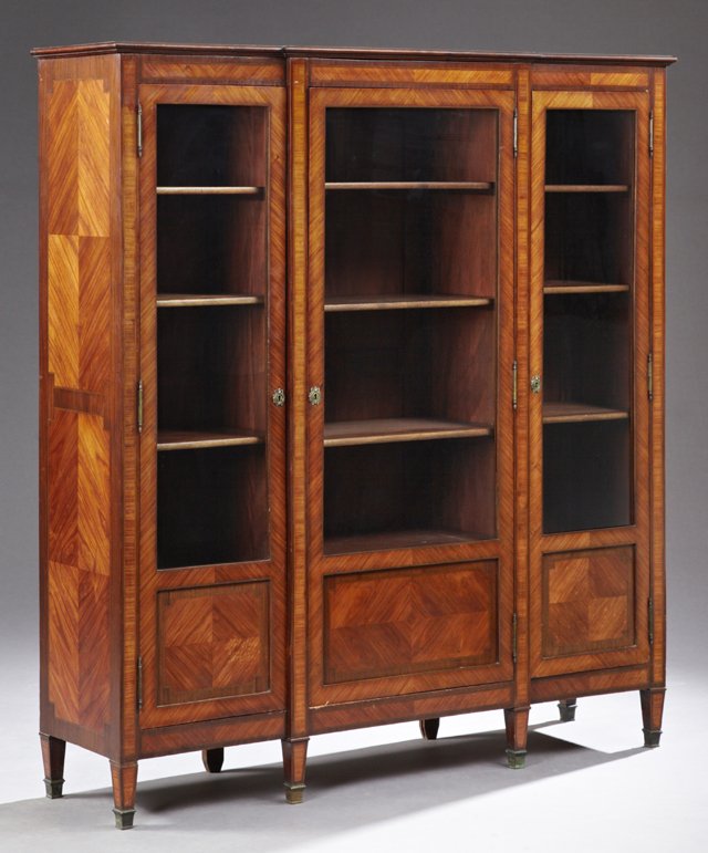 Louis XVI Style Inlaid Mahogany Triple Door Bookcase, (1 of 1)