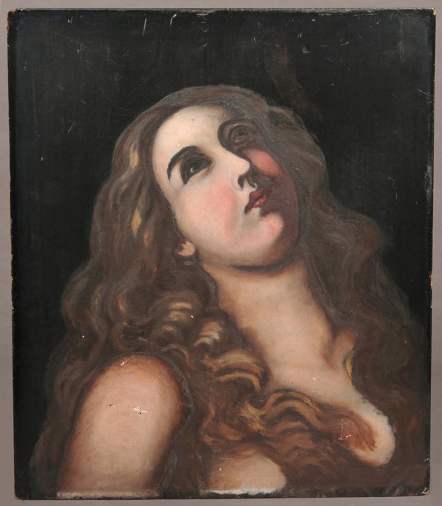 Continental School, "Woman Looking to Heaven," 20th c.,: Continental School, "Woman Looking to Heaven," 20th c., oil on panel, unframed, H.- 14 in., W.- 12 in.