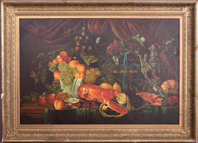 Chinese School, "Still Life of Lobster and Fruit on a: Chinese School, "Still Life of Lobster and Fruit on a Table," 20th c., in the Dutch style, presented in an ornate gilt and gesso frame, H.- 30 1/2 in., W.- 46 in.