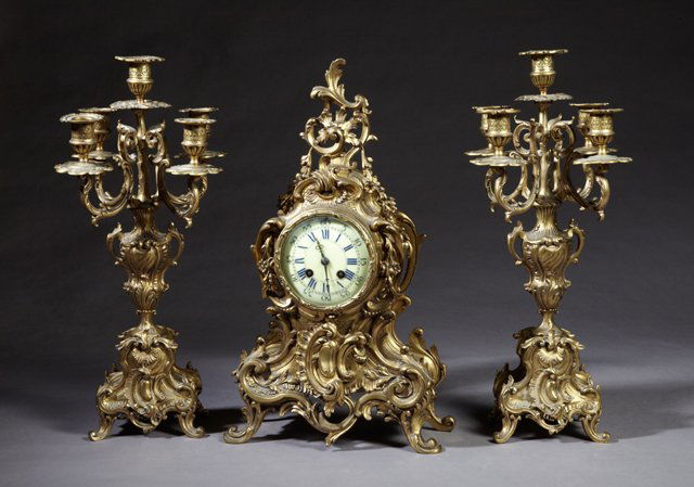 Three Piece French Bronze Clock Set, 19th c., by A. D. (1 of 1)